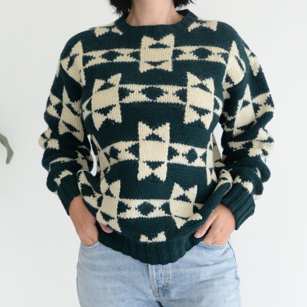 Polo Country Label Dark Green and Cream Geometric Crewneck Sweater